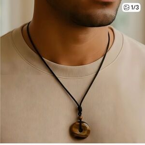 Minimalist Black Leather Cord tiger eye Necklace on Beige Tee